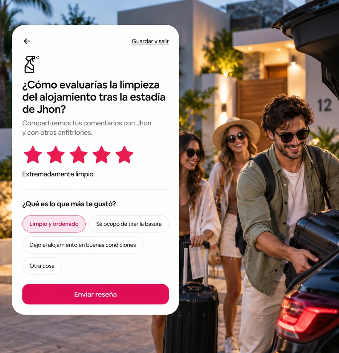 Huésped calificando el alojamiento con cinco estrellas tras su estadía