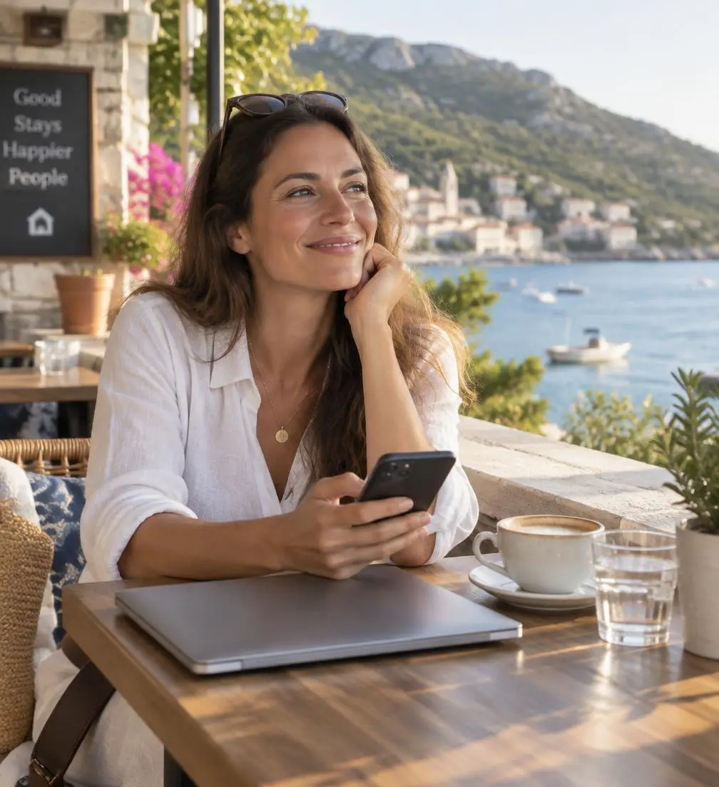 Anfitrión relajado con el celular en una terraza frente al mar
