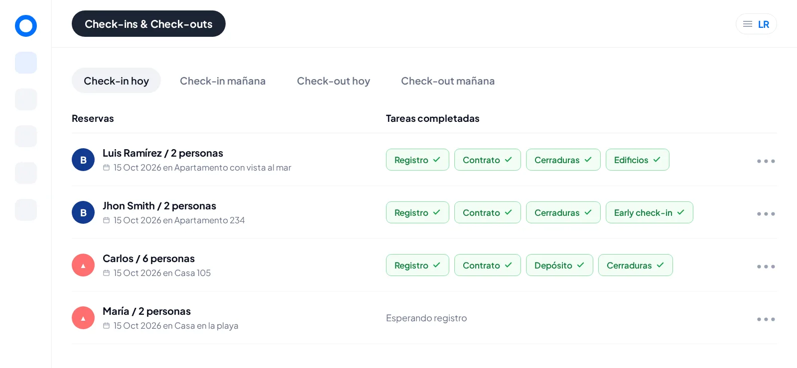 Panel de Hospy con los check-ins y check-outs del día